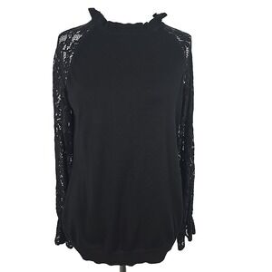Adrianna Papell Black Scallop Neck Lace Sleeve  Nylon Blend Knit Top Medium M